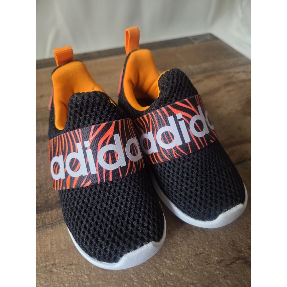 Adidas Toddlers Sz 5 Lite Racer Shoes Black Orange Zebra Print Slip On - Picture 2 of 7